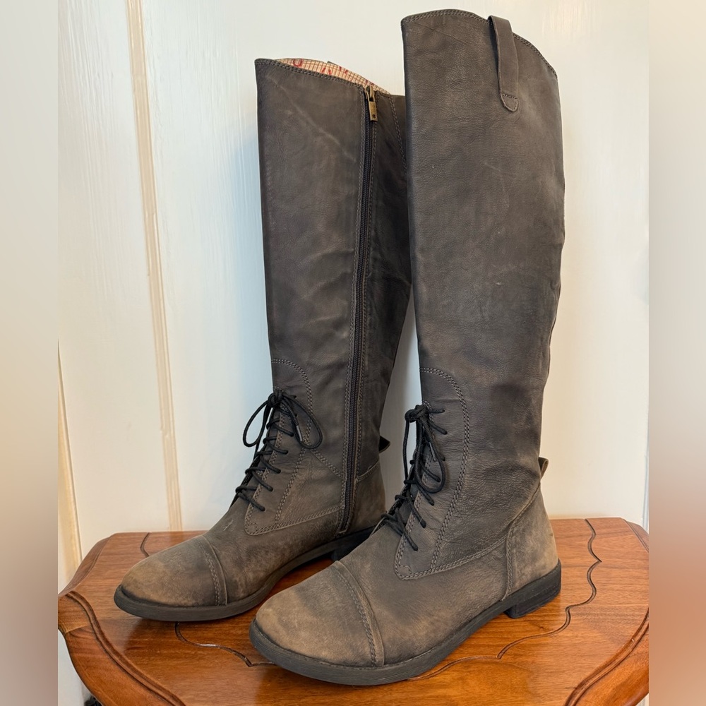 Lucky Brand Ria Leather Tall Riding Boots Lace-Up Gray US Women Size 9